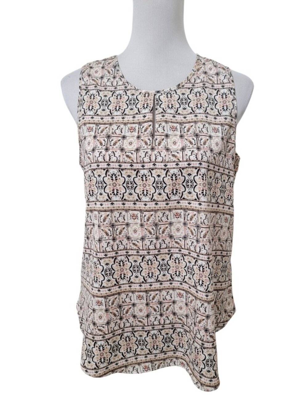 Cato Size M Ivory with Tan, Brown, Taupe and Pink Patterned Sleeveless Blouse